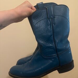 VINTAGE Justin Boots - Teal Leather Cowboy Boots